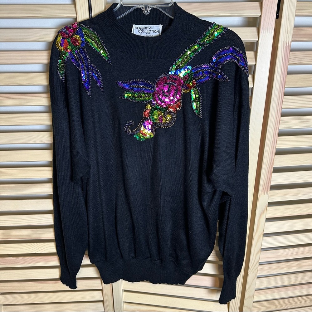 Vintage REGENCY COLLECTION for Joyce Floral Sequin Sweater, Black | Sz L/XL